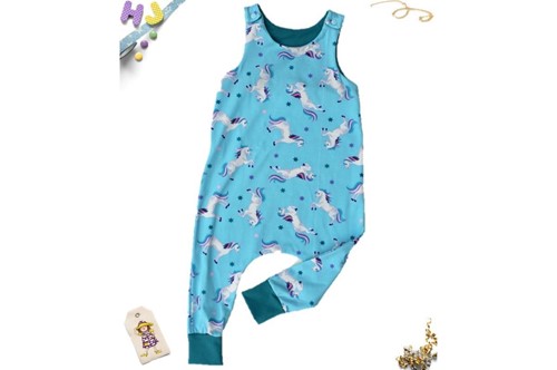 Buy Age 3-4 Harem Romper Sky Blue Unicorns now using this page